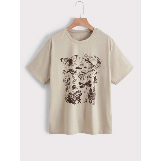 Mushroom And Butterfly Print Short Sleeve Tee