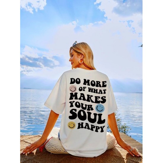 Slogan & Cartoon Face Print Drop Shoulder Tee