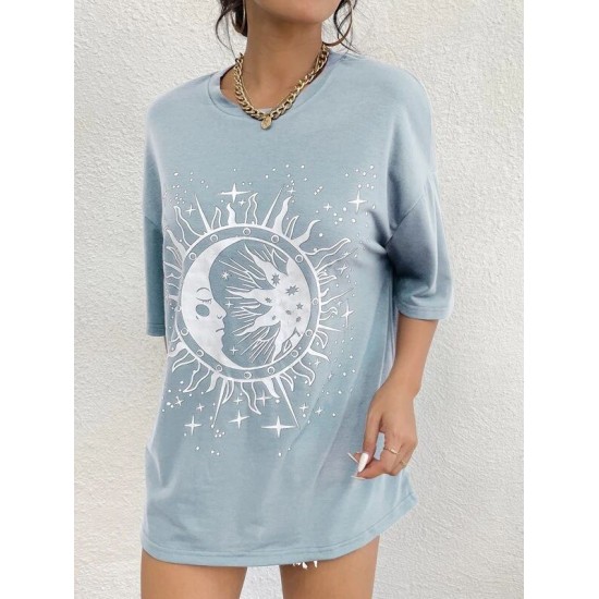 Sun & Moon Print Drop Shoulder Tee