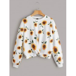 Allover Sunflower Print Twist Front Sweatshirt