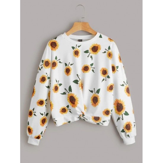 Allover Sunflower Print Twist Front Sweatshirt