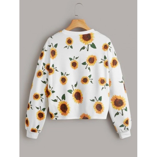 Allover Sunflower Print Twist Front Sweatshirt