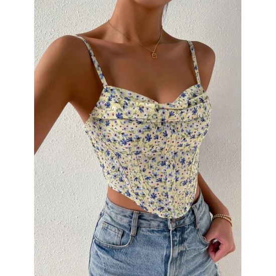 Ditsy Floral Draped Collar Curved Hem Cami Top