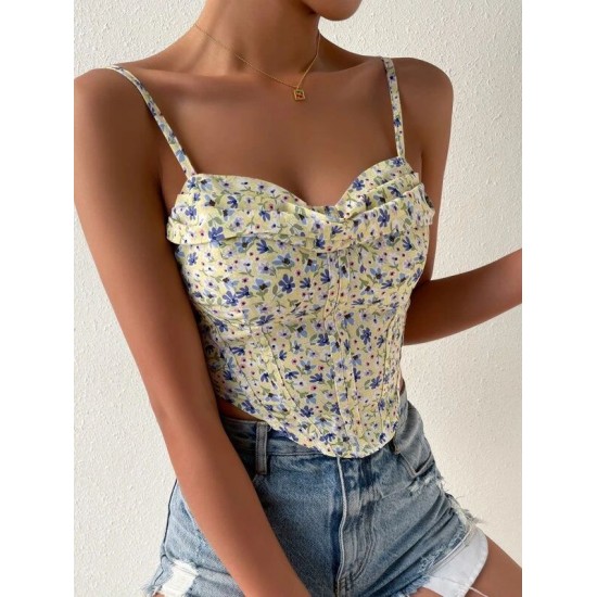 Ditsy Floral Draped Collar Curved Hem Cami Top