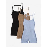 3pcs Solid Backless Cami Romper