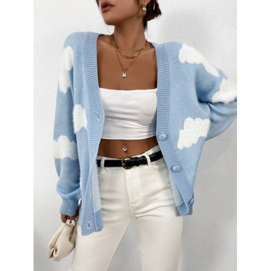 Drop Shoulder Cloud Pattern Cardigan