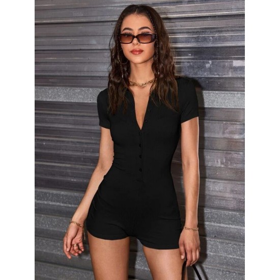 Collared Buttoned Front Rib-knit Romper