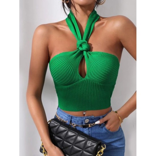 Knot Front Backless Halter Knit Top