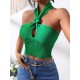 Knot Front Backless Halter Knit Top