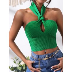 Knot Front Backless Halter Knit Top