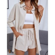 Button Up High Low Hem Blouse With Shorts