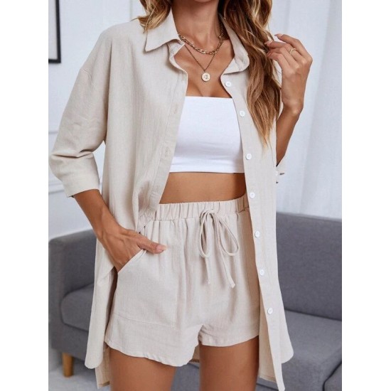 Button Up High Low Hem Blouse With Shorts