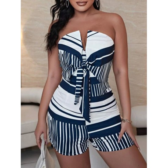 SXY Striped V Wired Knot Front Unitard Tube Romper