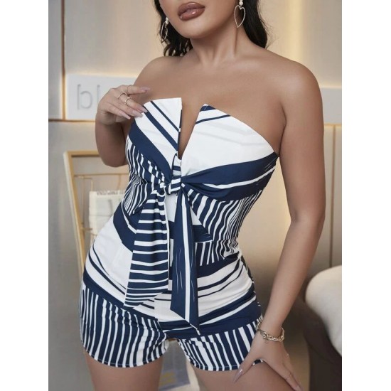 SXY Striped V Wired Knot Front Unitard Tube Romper