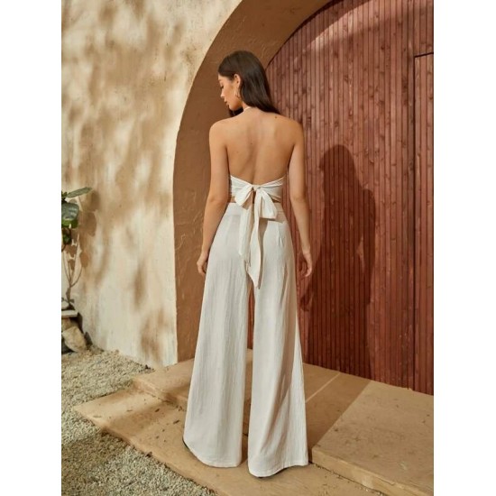 Tie Back Backless Halter Top & Wide Leg Pants