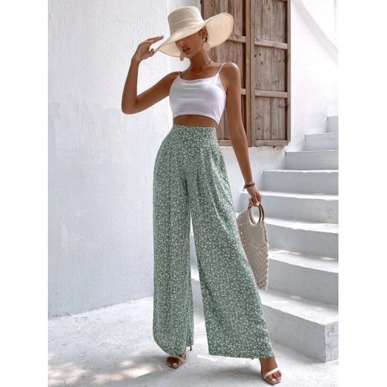 Ditsy Floral High Waist Plicated Detail Wide Leg Pants