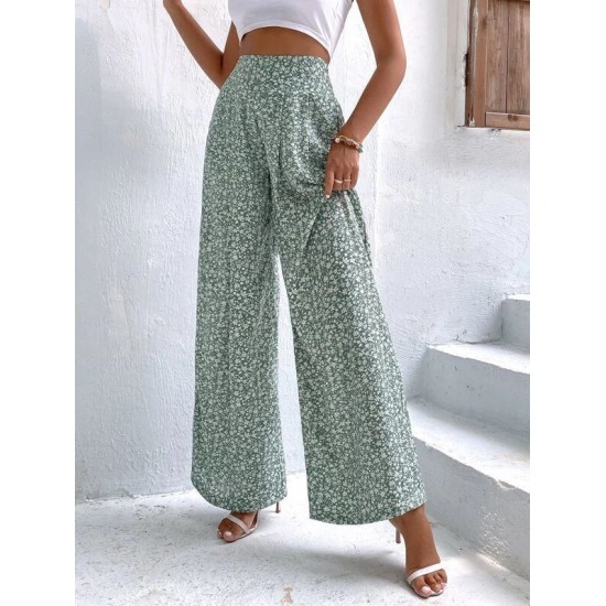 Ditsy Floral High Waist Plicated Detail Wide Leg Pants