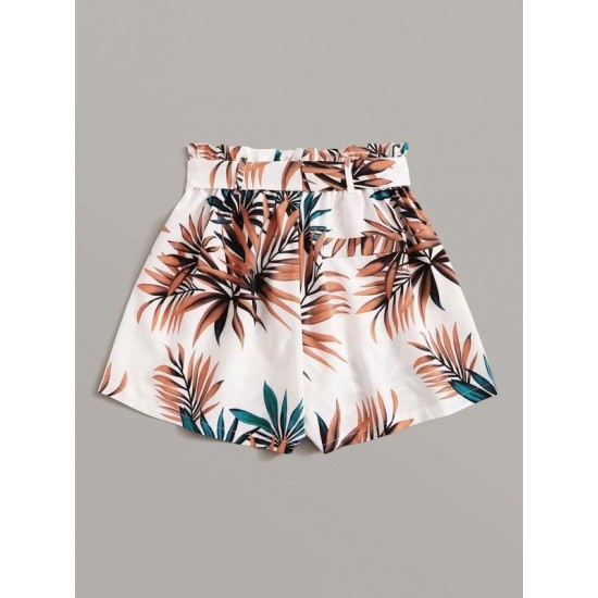 Tropical Leaf Print Paperbag Shorts