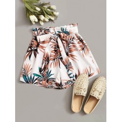 Tropical Leaf Print Paperbag Shorts