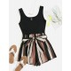 Notched Neck Block Stripe Belted Tank Romper