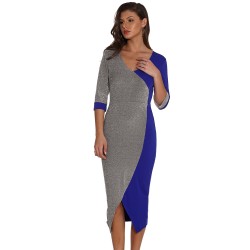 women's sexy sequins color blocking V-neck irregular seven-point sleeve dress dresses