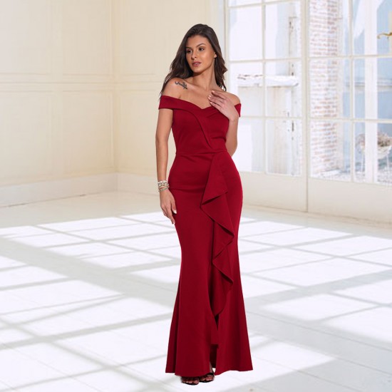 Sexy new one-line V-neck ruffle dress banquet evening dresses long dress