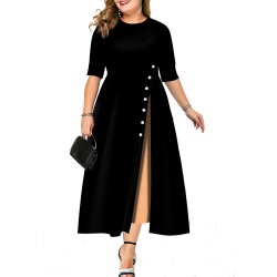 Autumn and winter European and American plus-size women's clothing half-length sleeves round neck color matching slim button mid-length dress