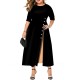 Autumn and winter European and American plus-size women's clothing half-length sleeves round neck color matching slim button mid-length dress