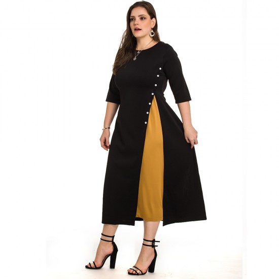 Autumn and winter European and American plus-size women's clothing half-length sleeves round neck color matching slim button mid-length dress